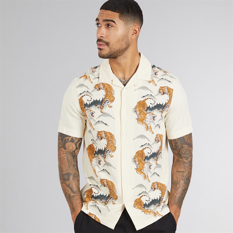 French Connection Mens Short Sleeve Tiger Mountain Viscose Shirt Cream