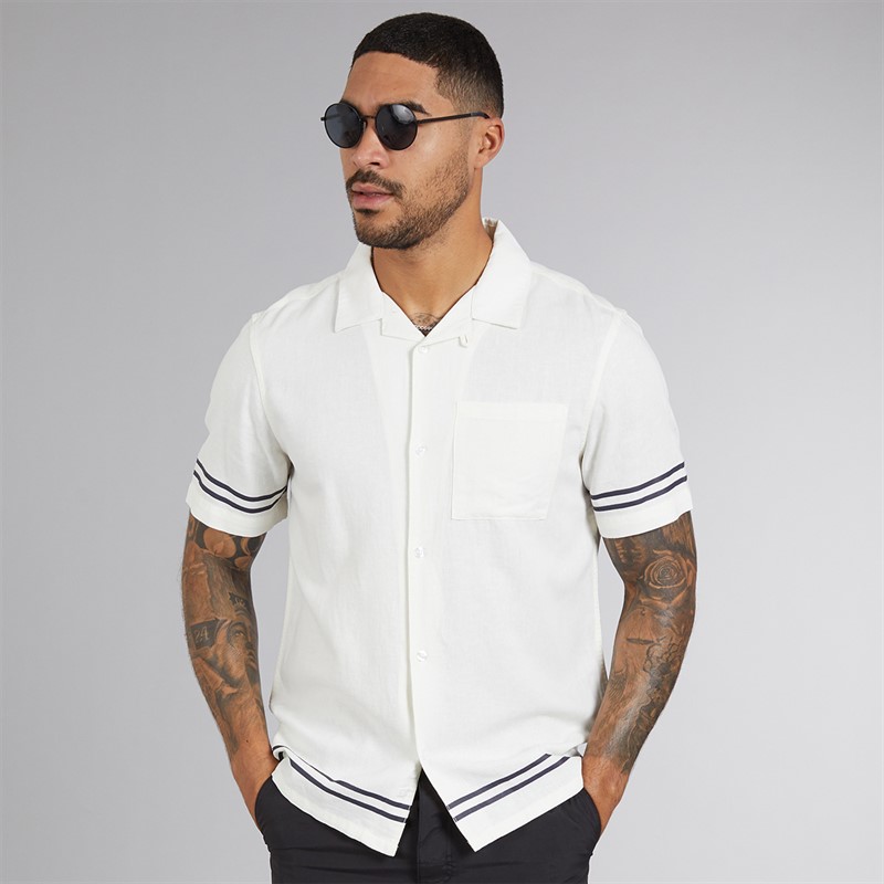 French Connection Mens Short Sleeve Linen Stripe Trim Shirt Ecru