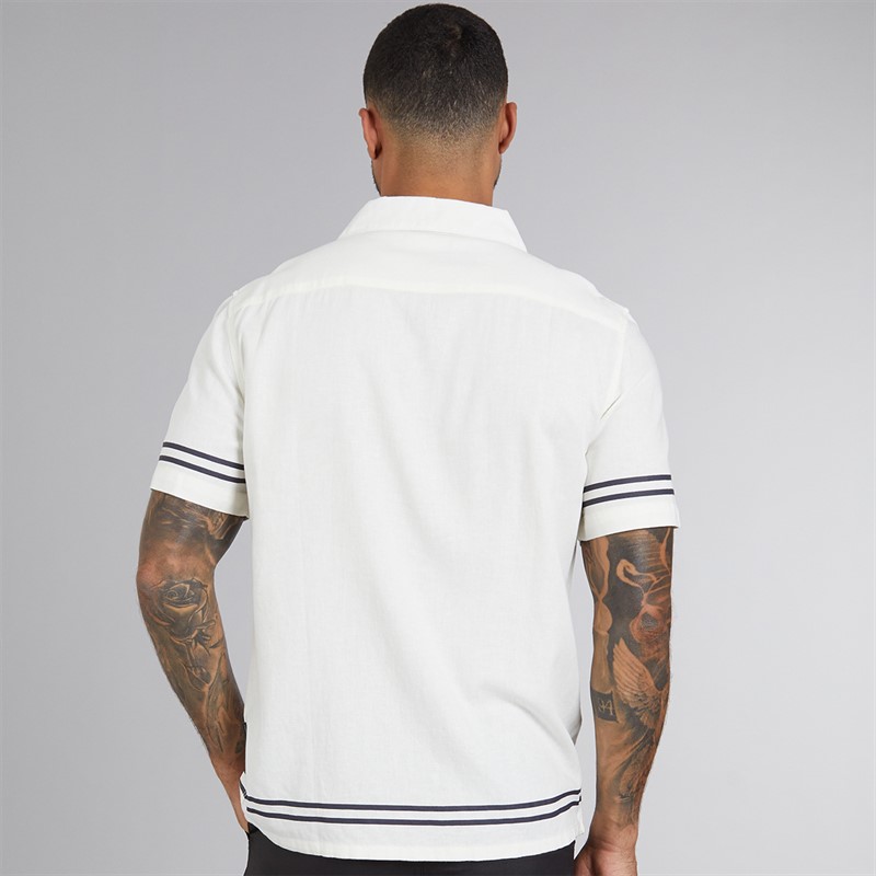 French Connection Mens Short Sleeve Linen Stripe Trim Shirt Ecru