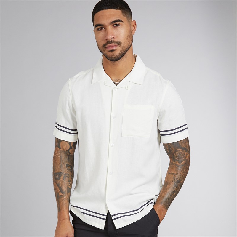 French Connection Mens Short Sleeve Linen Stripe Trim Shirt Ecru