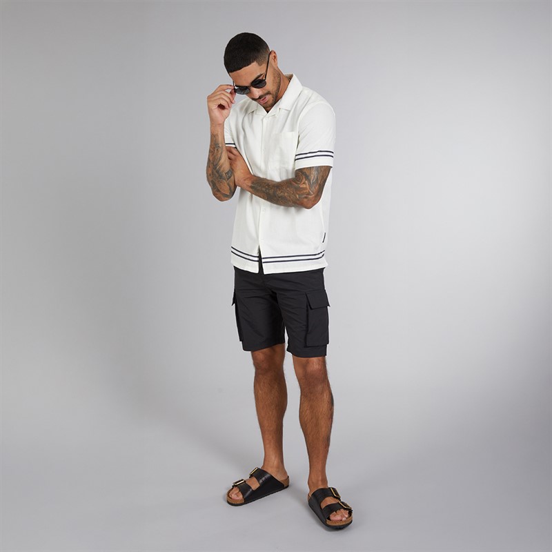 French Connection Mens Short Sleeve Linen Stripe Trim Shirt Ecru