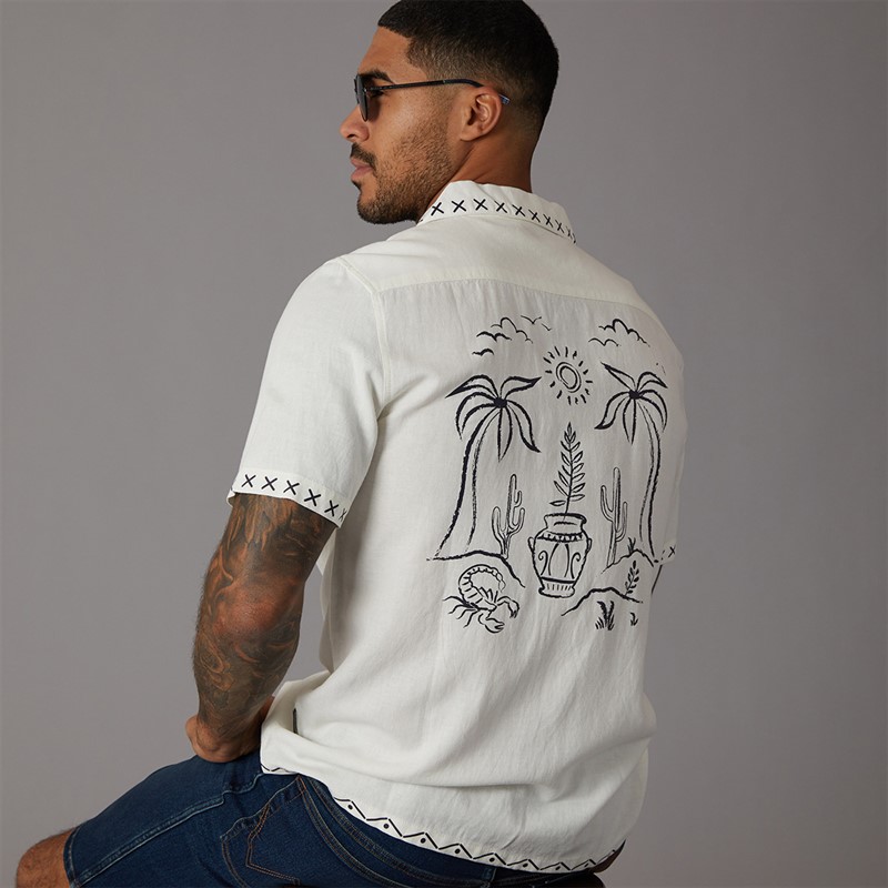 French Connection Mens Short Sleeve Palm Tree Linen Shirt Ecru