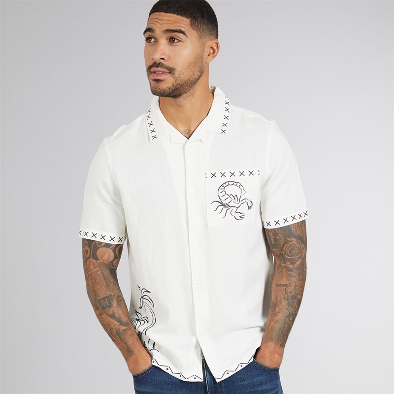 French Connection Mens Short Sleeve Palm Tree Linen Shirt Ecru
