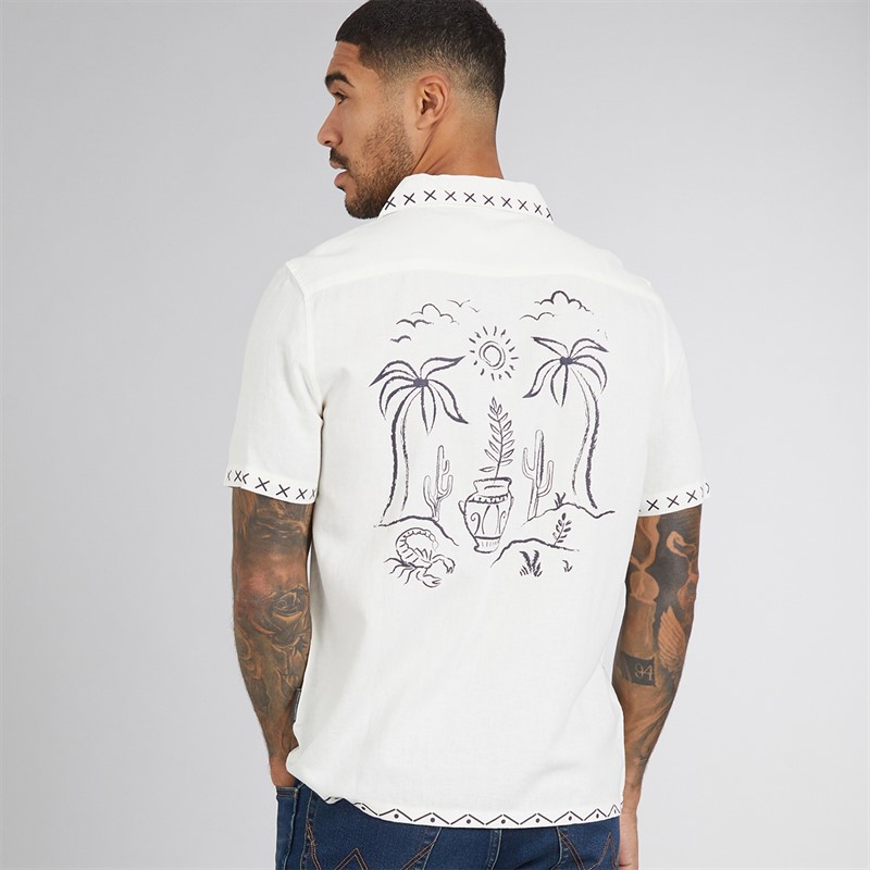 French Connection Mens Short Sleeve Palm Tree Linen Shirt Ecru
