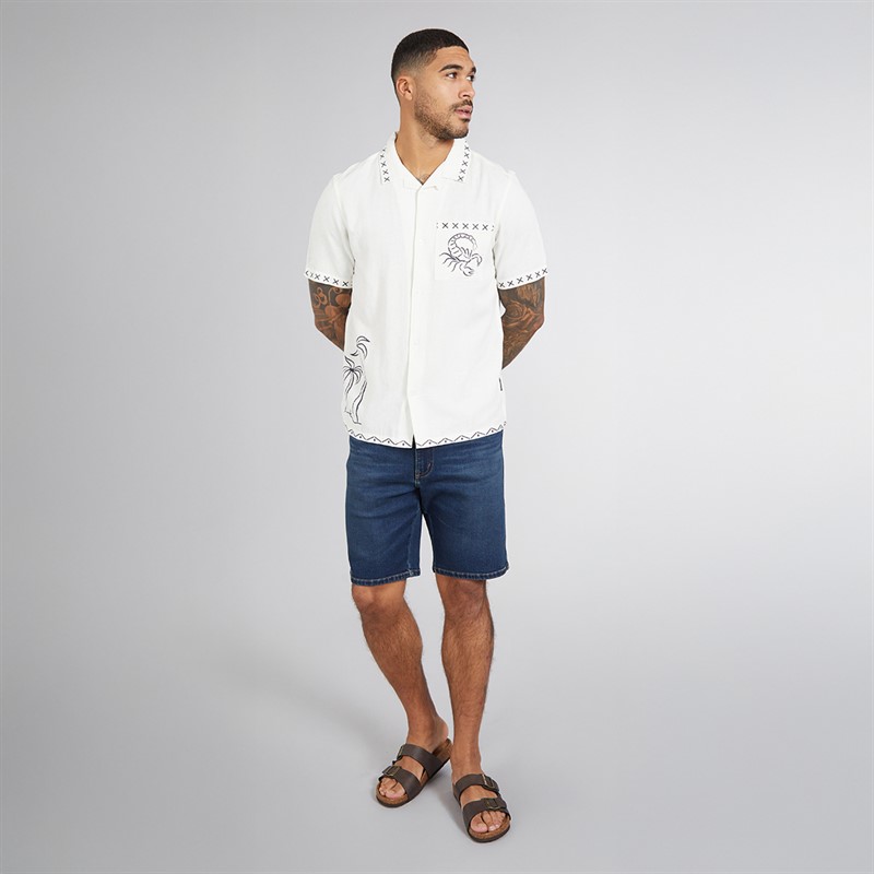 French Connection Mens Short Sleeve Palm Tree Linen Shirt Ecru