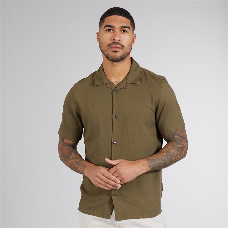 French Connection Mens Short Sleeve Linen Shirt Khaki