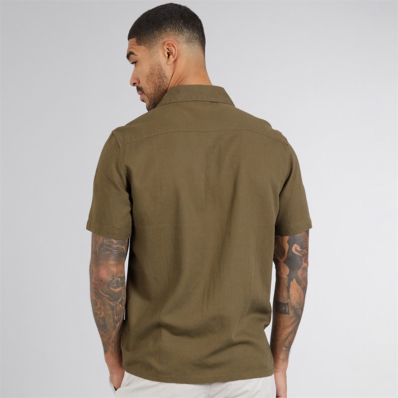 French Connection Mens Short Sleeve Linen Shirt Khaki
