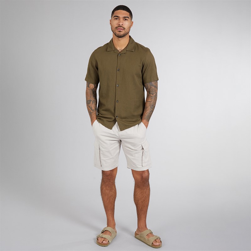 French Connection Mens Short Sleeve Linen Shirt Khaki