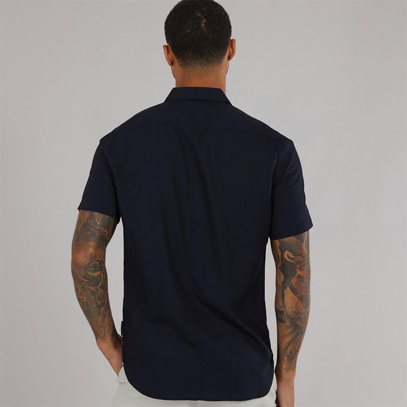 French Connection Mens Short Sleeve Linen Shirt Marine