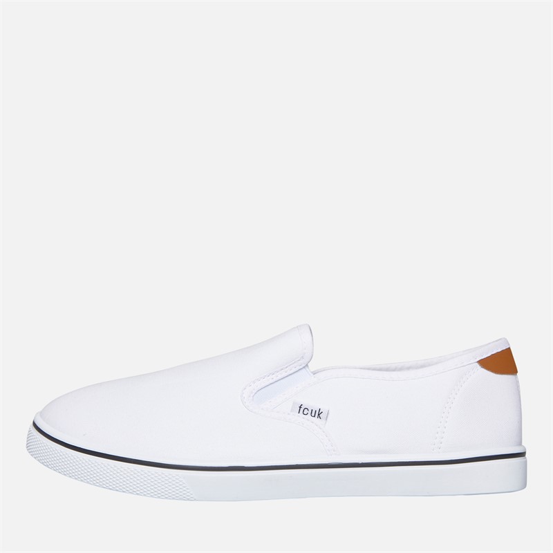 French Connection Herren FCUK Deck Slip On Canvas Sneaker Weiss/Tan At Heel
