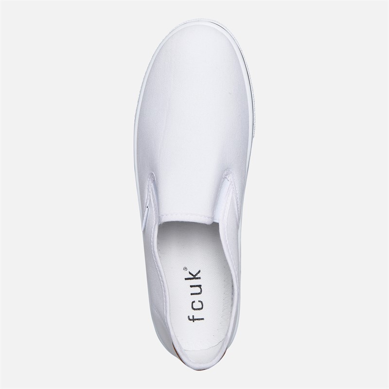 French Connection Herren FCUK Deck Slip On Canvas Sneaker Weiss/Tan At Heel