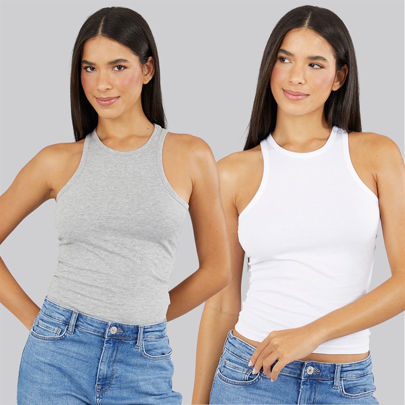 French Connection Womens Two Pack Racer Vests White/Light Grey Melange