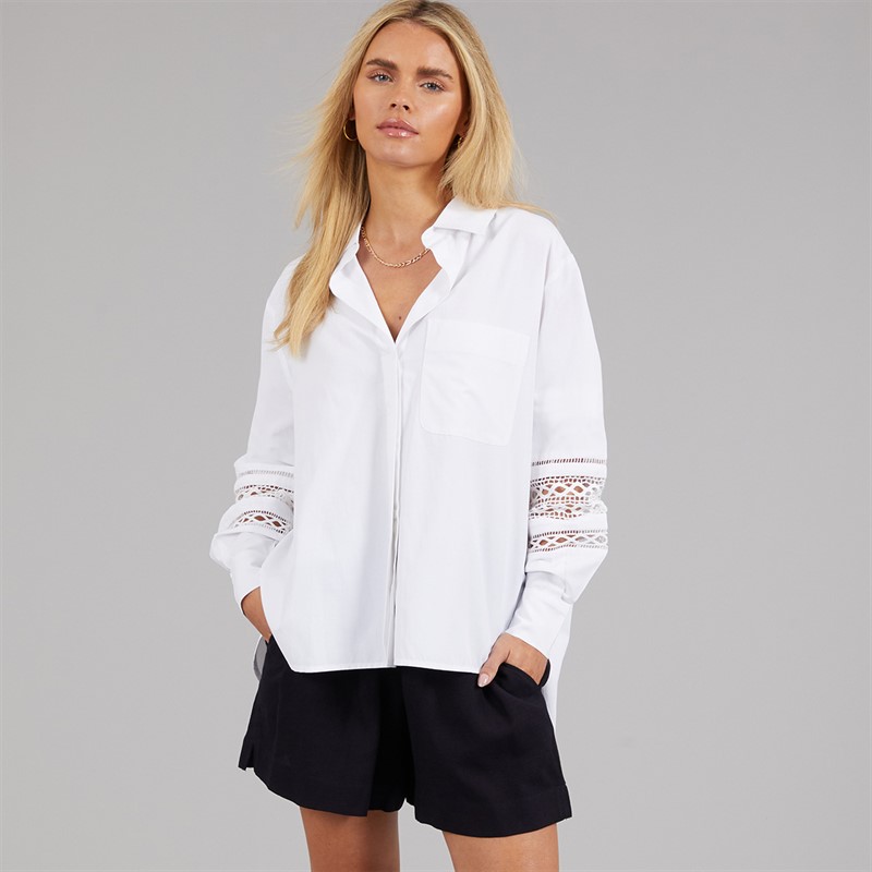 French Connection Womens Crochet Sleeve Shirt Linen White