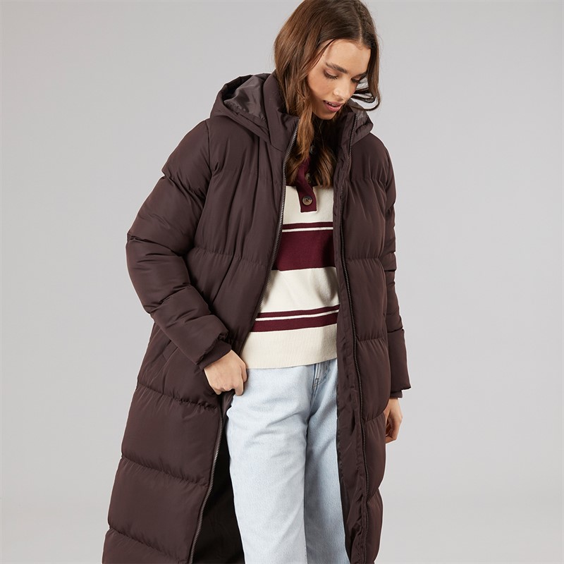 French Connection Womens Row Long Puffer Coat Chocolate