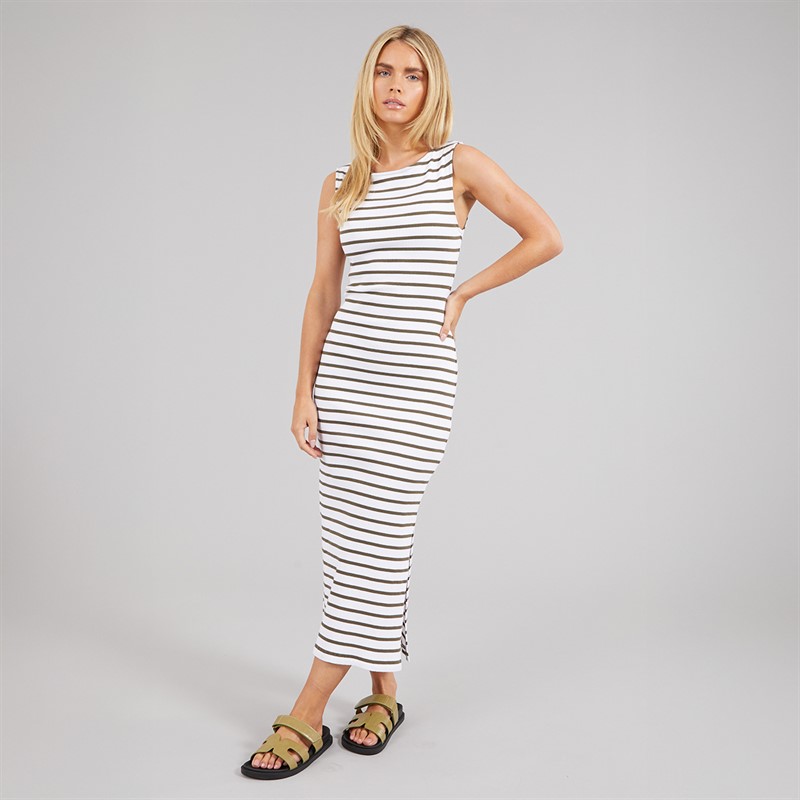 French Connection Womens Ribbed Striped Dress White/Khaki