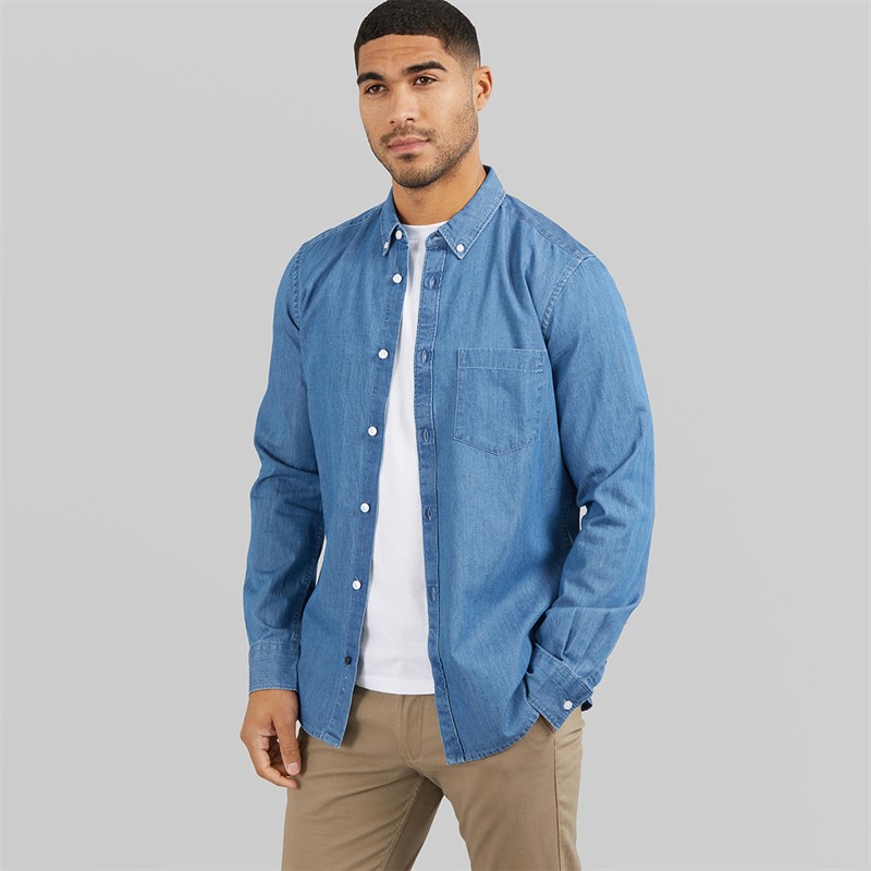 French Connection Mens Long Sleeve Denim Shirt Mid Wash
