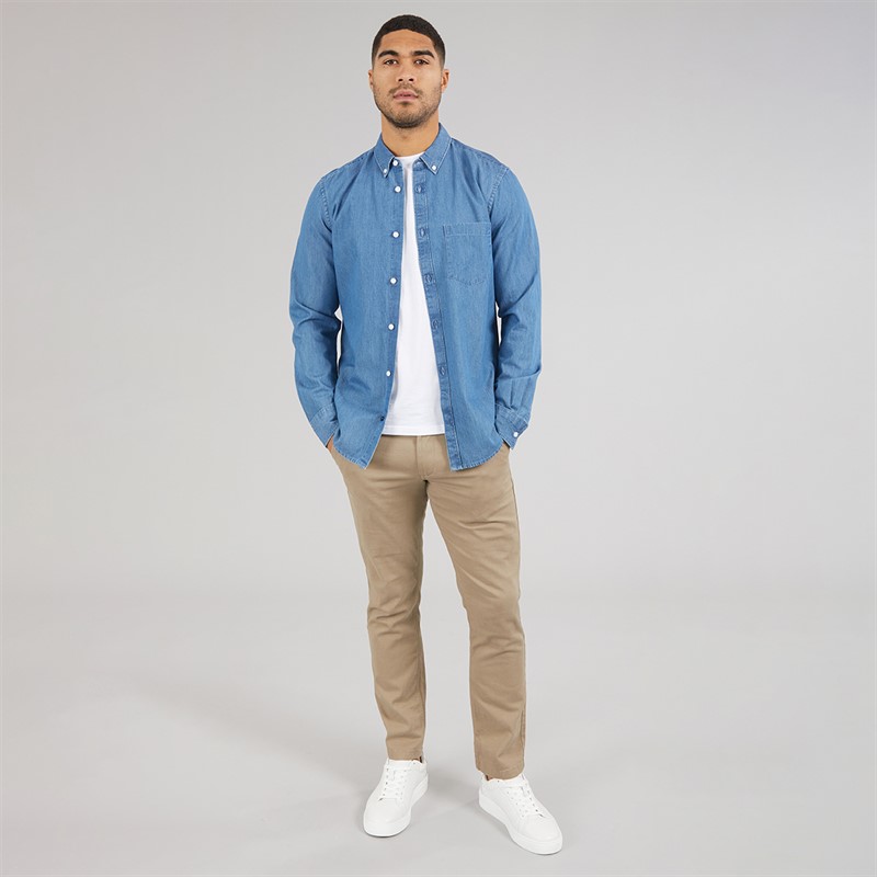 French Connection Mens Long Sleeve Denim Shirt Mid Wash