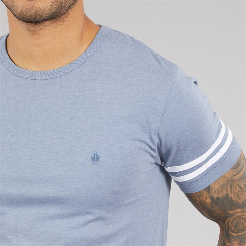 French Connection Mens Arm Stripes T-Shirt Light Blue Melange/White Lgt Blue Mel/White