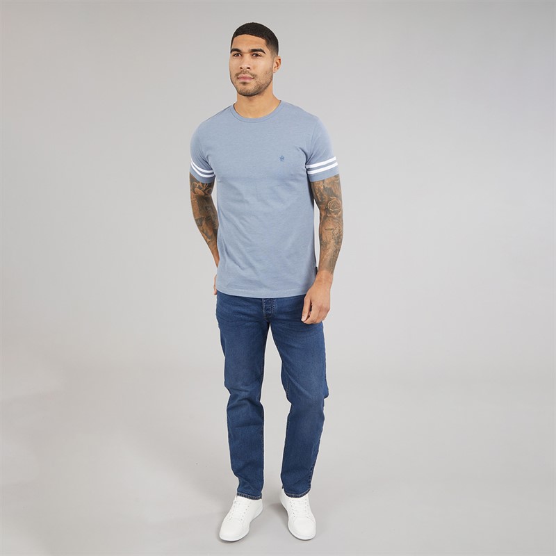 French Connection Mens Arm Stripes T-Shirt Light Blue Melange/White Lgt Blue Mel/White