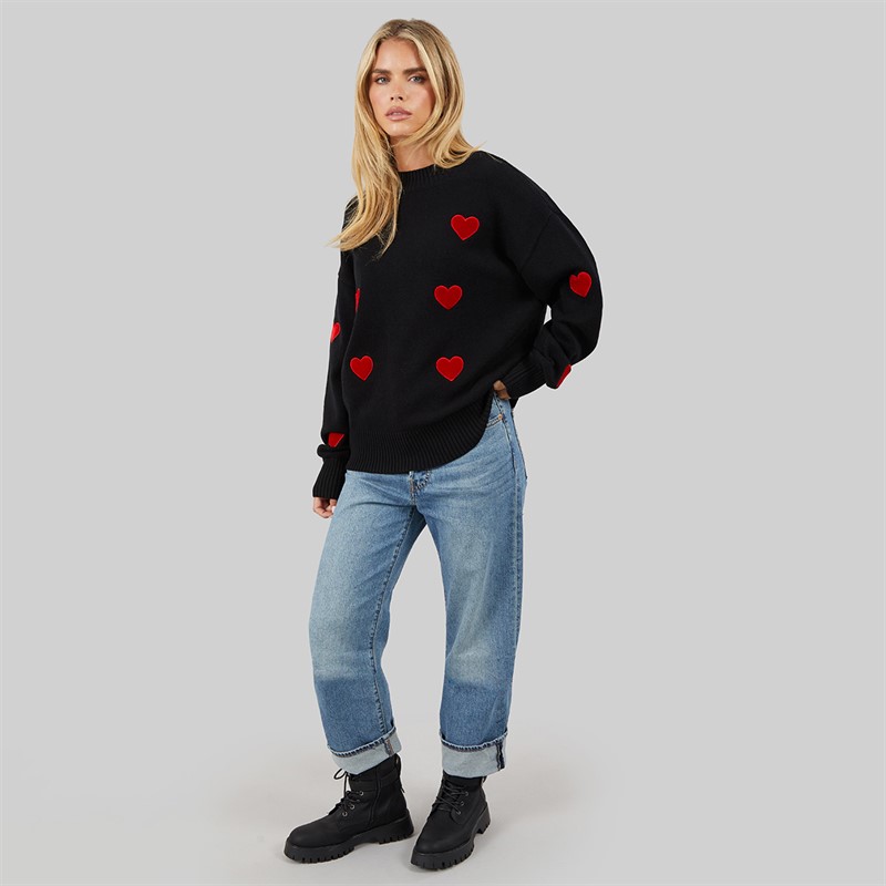 French Connection Womens Heart Appliq Crew Jumper Black/Lipstick Red