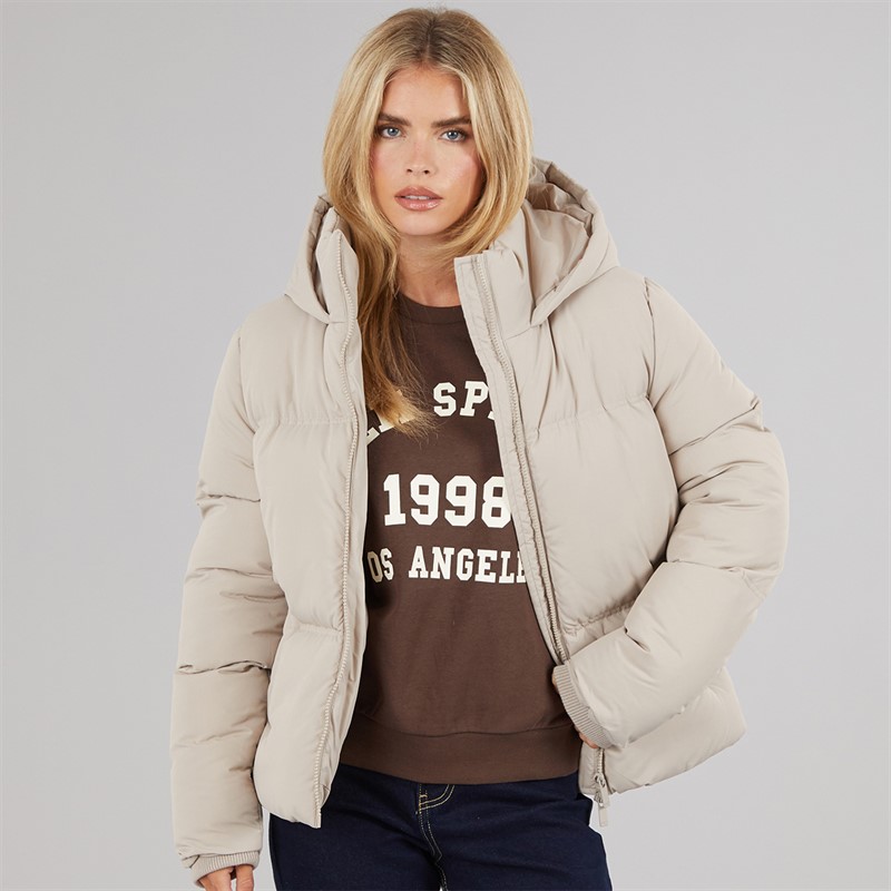 French Connection Womens Row Short Puffer Coat Light Taupe