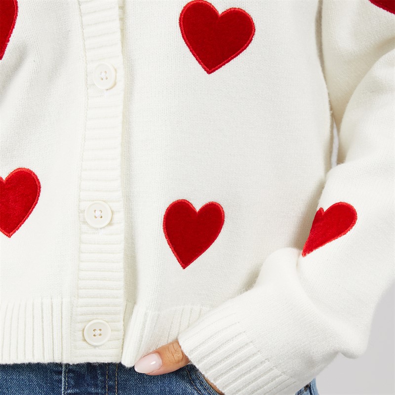 French Connection Womens Heart Appliqe Cardigan Winter White/Lipstick Red