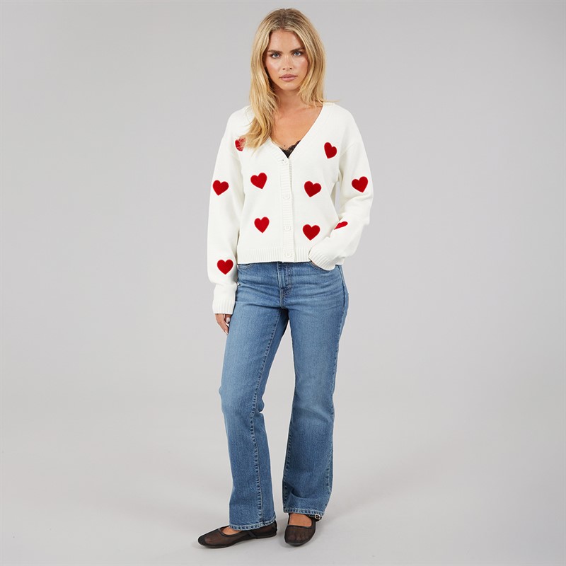 French Connection Womens Heart Appliqe Cardigan Winter White/Lipstick Red