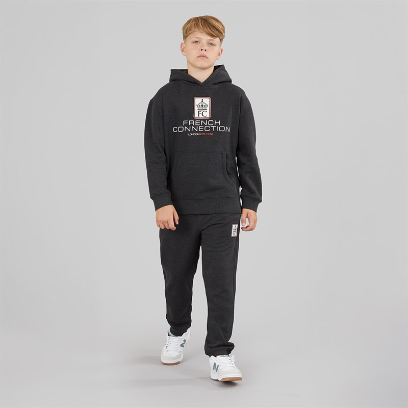 French Connection Boys Label Overhead Hoodie And Joggers Tracksuit Charcoal Melange/Ecru/Burnt Orange