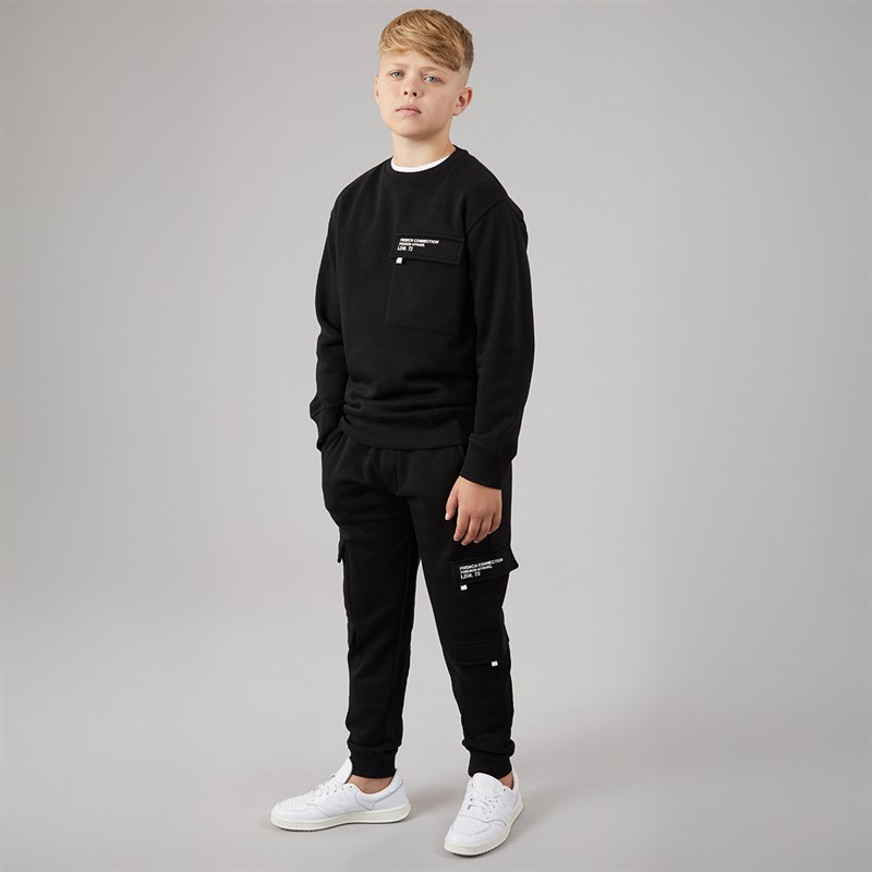 French Connection Boys Zone Crew Sweatshirt And Cargo Pants Tracksuit Black/White
