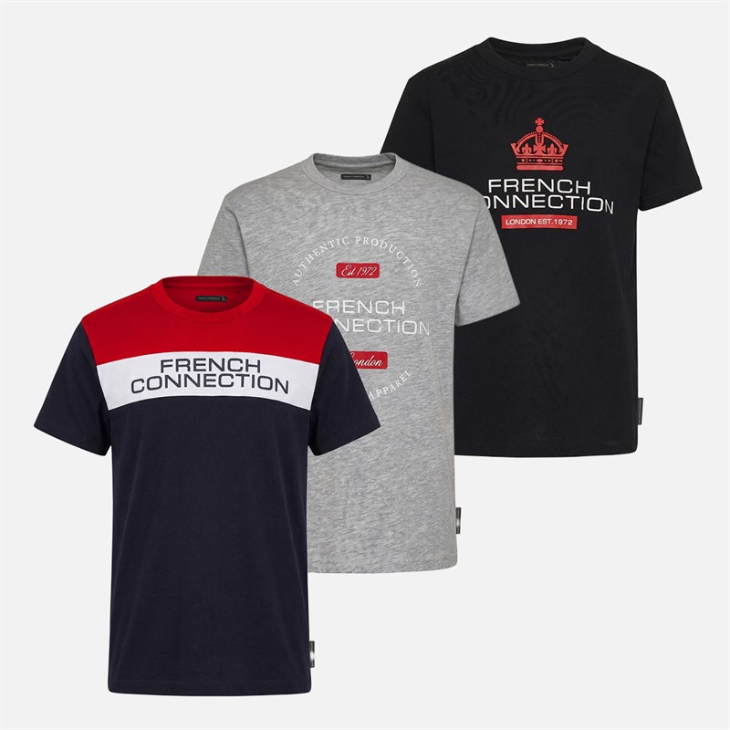 French Connection Boys Selecto Three Pack T-Shirts Light Grey Melange/Black/Tricolore