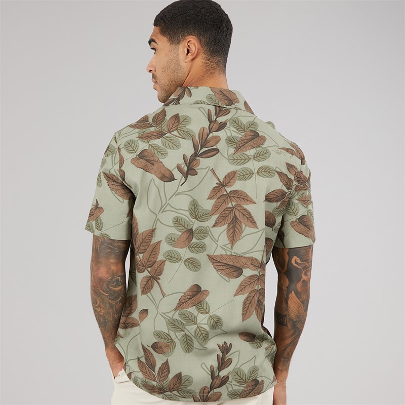 French Connection Mens Short Sleeve Leafy Viscose Shirt Khaki