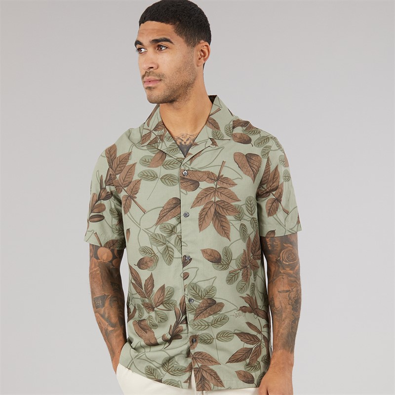 French Connection Mens Short Sleeve Leafy Viscose Shirt Khaki