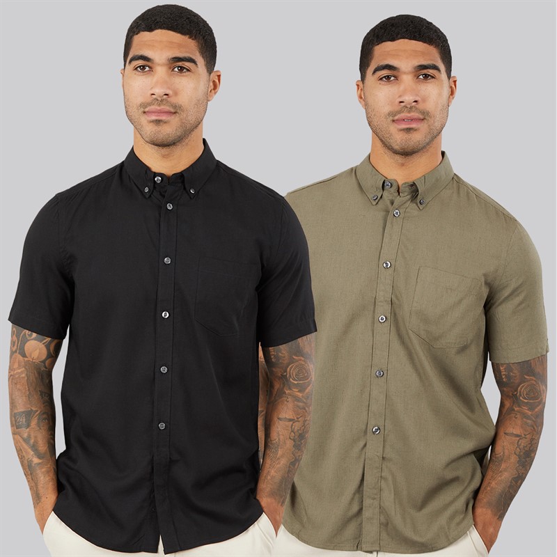 French Connection Mens Two Pack Short Sleeve Linen Shirts Black/Khaki