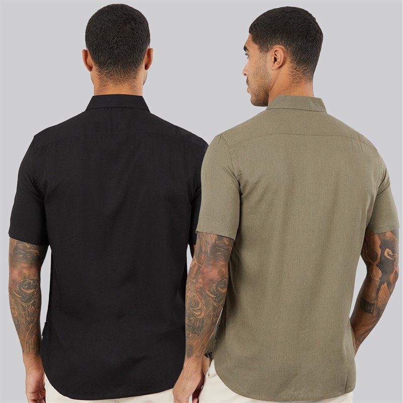French Connection Mens Two Pack Short Sleeve Linen Shirts Black/Khaki