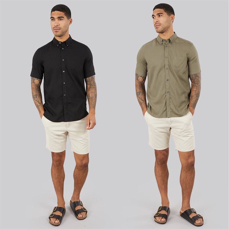 French Connection Mens Two Pack Short Sleeve Linen Shirts Black/Khaki