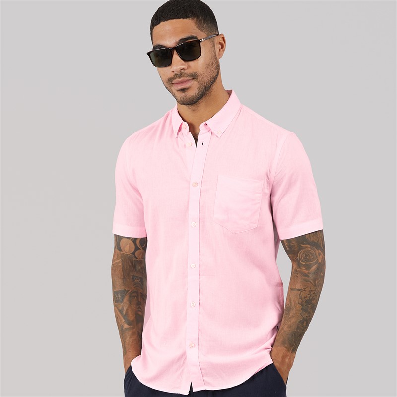 French Connection Mens Short Sleeve Linen Shirt Soft Pink