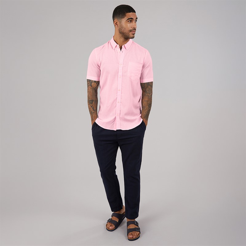 French Connection Mens Short Sleeve Linen Shirt Soft Pink