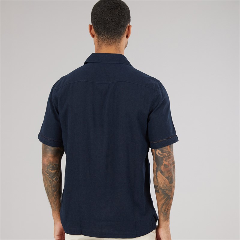 French Connection Mens Linen Floral Short Sleeve Shirt Marine