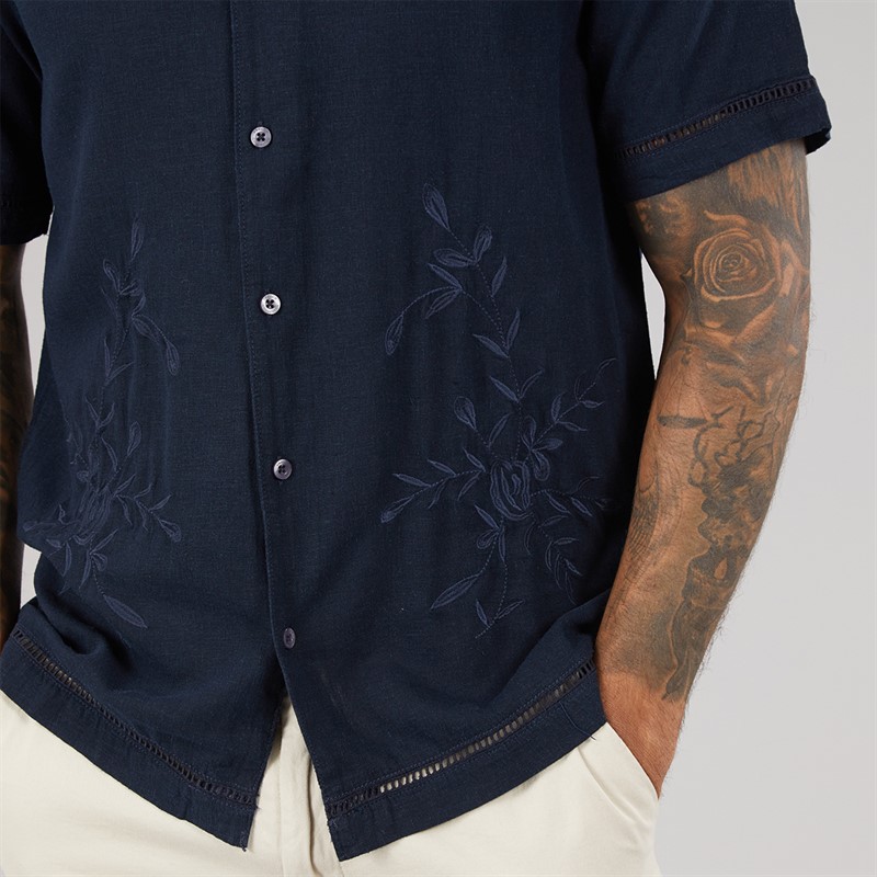French Connection Mens Linen Floral Short Sleeve Shirt Marine