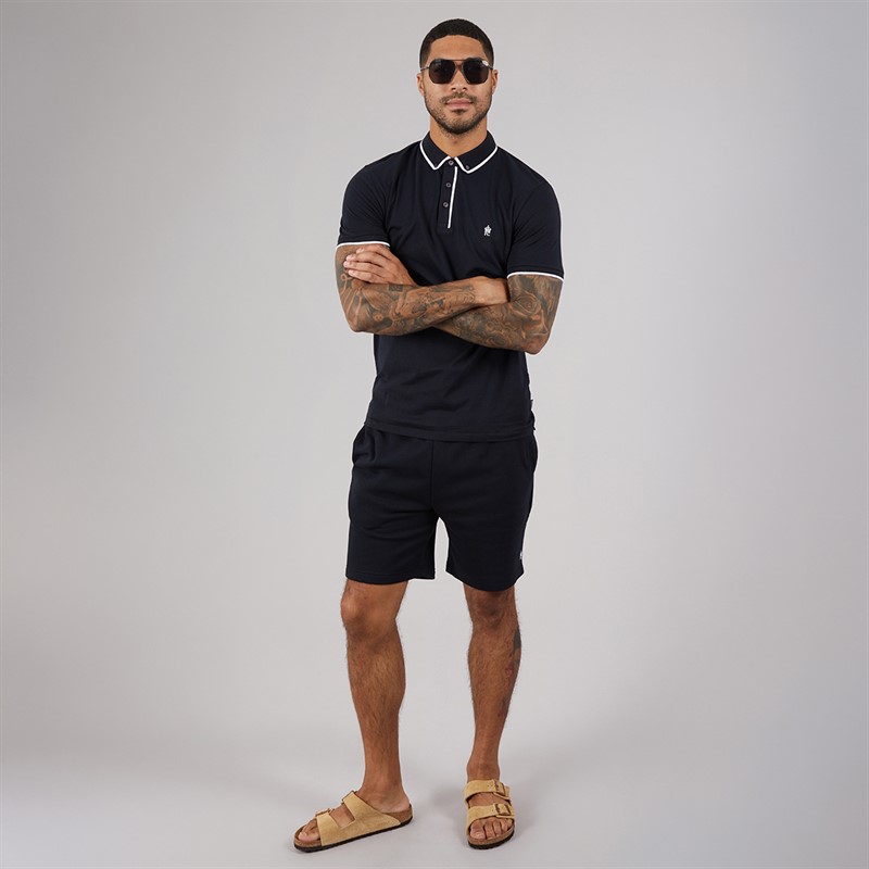 French Connection Mens Tipped Piping Polo Shirt and Shorts Co-Ord Marine/White
