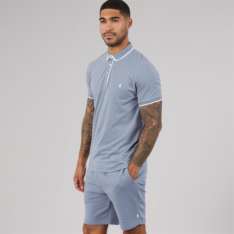 French Connection Mens Tipped Piping Polo Shirt and Shorts Co-Ord Set Light Blue Mel/White Lgt Blue Mel/White