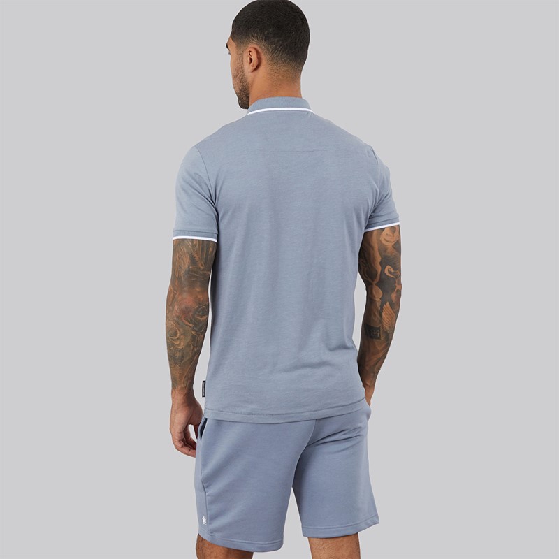 French Connection Mens Tipped Piping Polo Shirt and Shorts Co-Ord Set Light Blue Mel/White Lgt Blue Mel/White