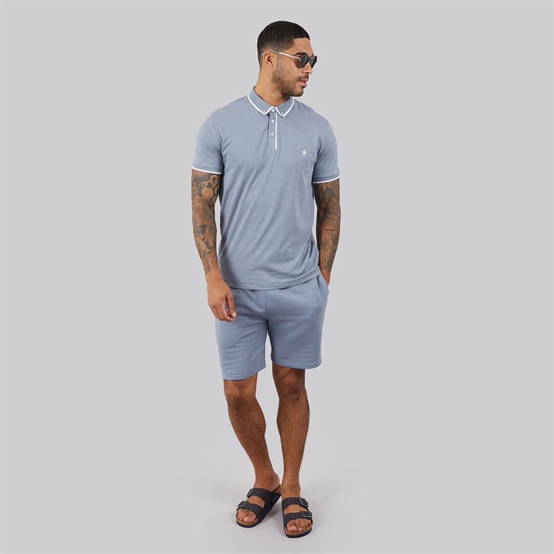 French Connection Mens Tipped Piping Polo Shirt and Shorts Co-Ord Set Light Blue Mel/White Lgt Blue Mel/White