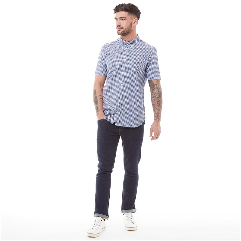French Connection Chemise à Manches Courtes Vichy Homme Bleu Carreaux