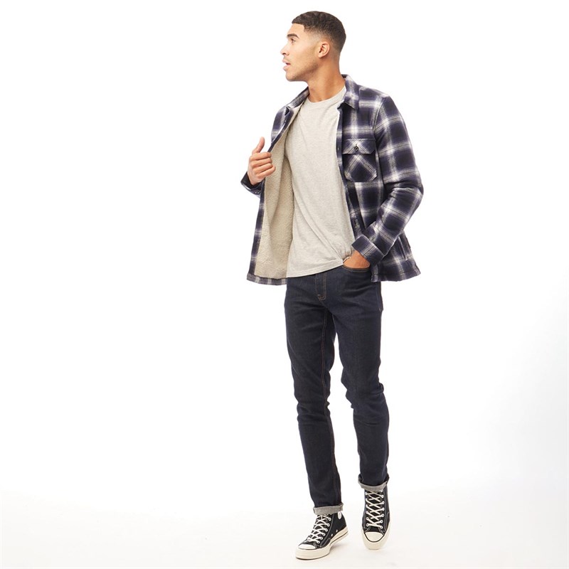 French Connection Mens Mega Large Gingham Borg Long Sleeve Shirt Marine/Charcoal Melange