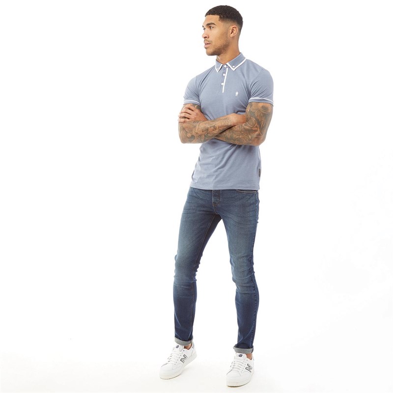 French Connection Mens Piping Polo Light Blue Mel/White