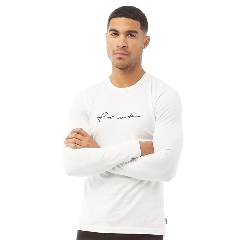 French Connection Herren FCUK Centre Scribble Top mit langem Arm Weiß