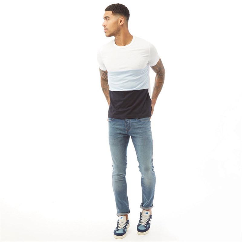French Connection Mens Block 3 T-Shirt White/Sky Mel/Marine