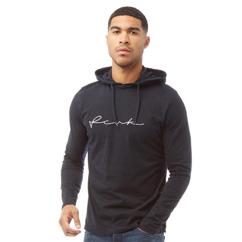 French Connection Mens Hooded FCUK Centre Scrabble Long Sleeve Top Marine/White