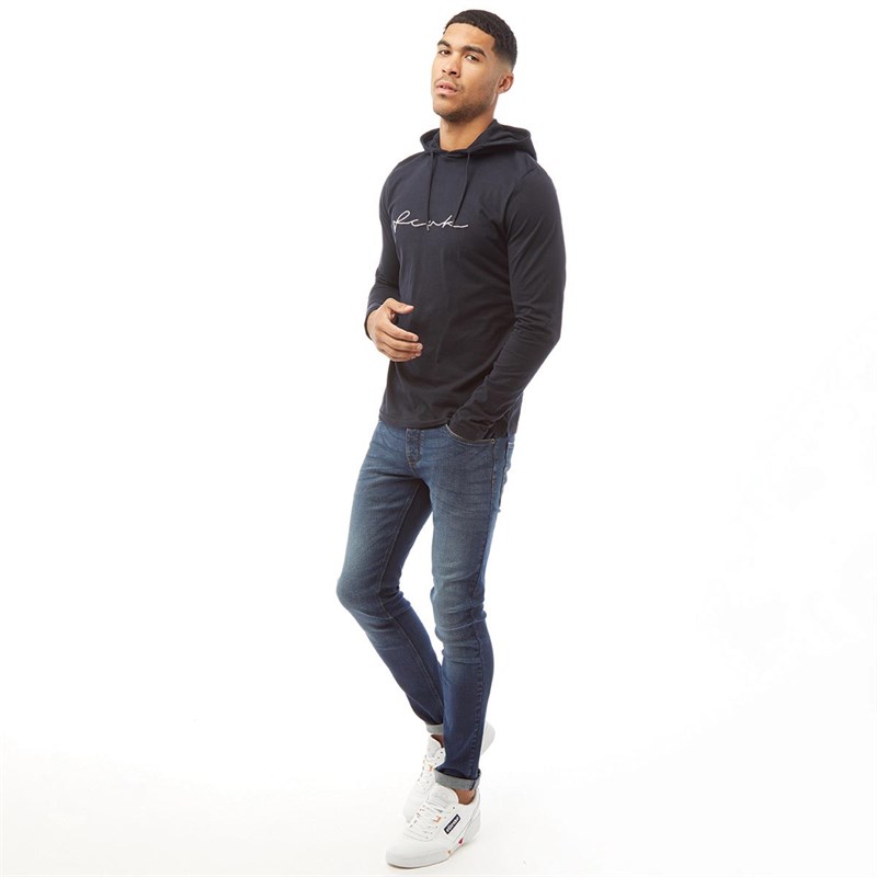French Connection Mens Hooded FCUK Centre Scrabble Long Sleeve Top Marine/White